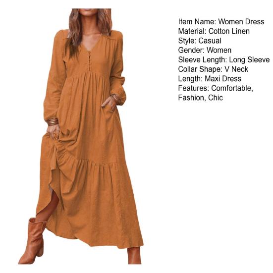 Women Bohemian Cotton Linen Dress Oversized V-neck Long Sleeve Swing Dress Pleated
