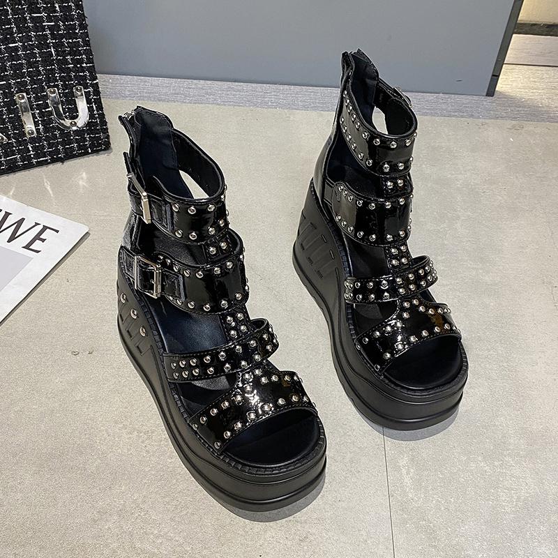 Fashion 2025 Gladiator Wedge Sandals Women's Summer New Fish Mouth Hollow Waterproof Rivet Platform 10cm Heightened Roman Sandals Boots