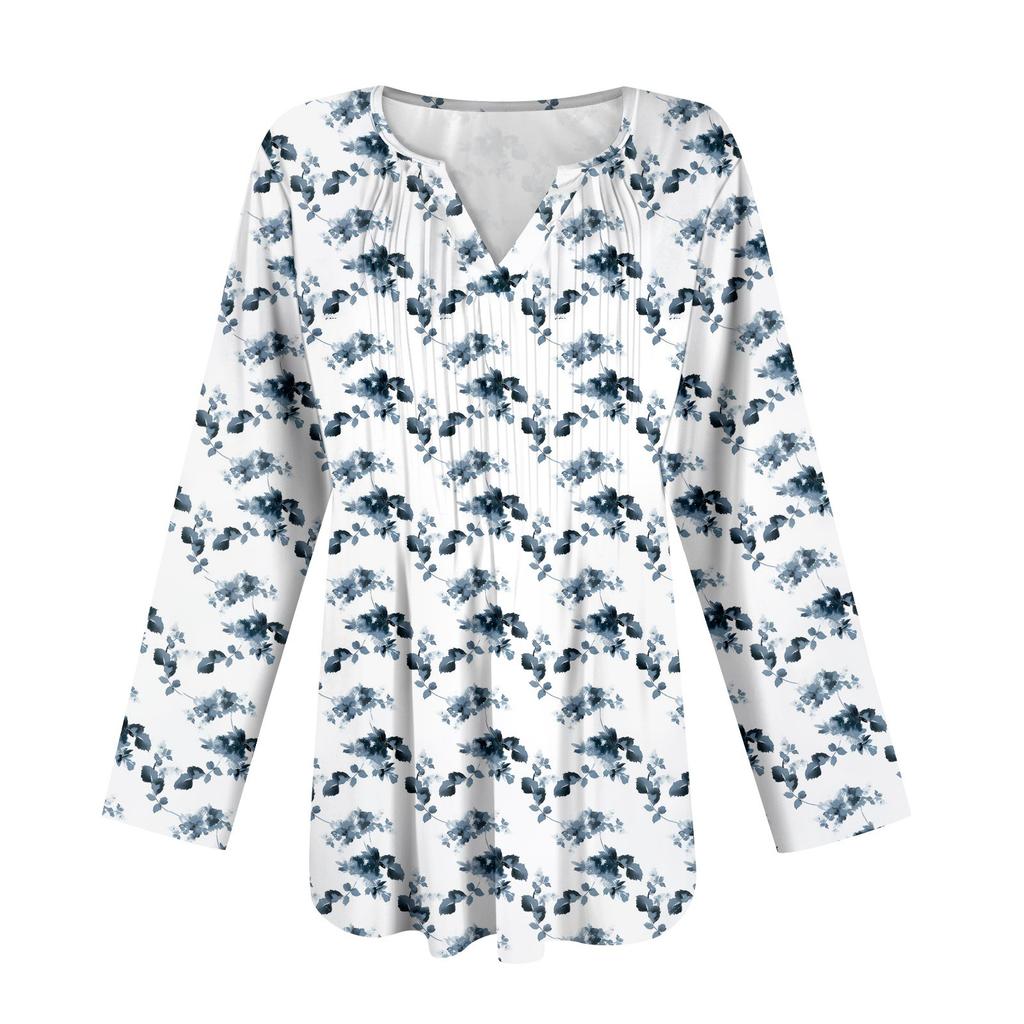 Dámská móda Ležérní Plisované Tričko s V výstřihem a Dlouhým Rukávem Elegantní Top