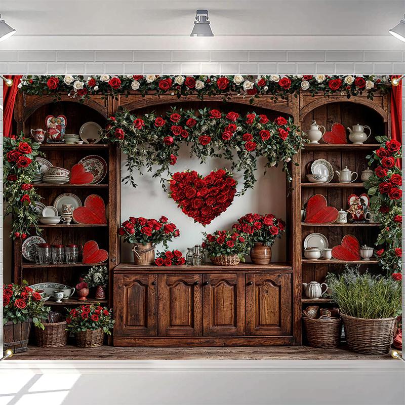 LS Valentine's Day Kitchen Cabinet Photography Backdrop Wooden Cupboard Wall Red Heart Decor Photocall Studio Background