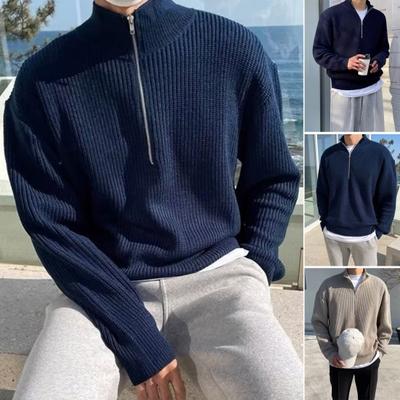 Men Fall Winter Sweater Half Zipper Stand Collar Elastic Knitted Pure Color Pullover Loose Long Sleeves Casual Work School Outdoor Sweater