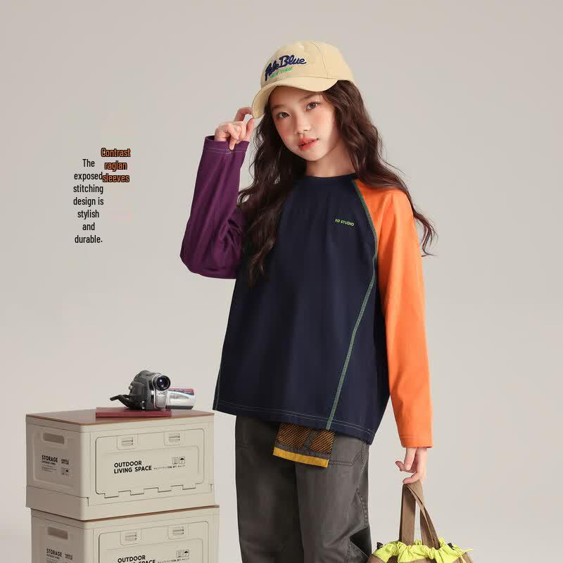 Buding Haru Girls' 100% Cotton Contrast Raglan Long-Sleeve T-Shirt