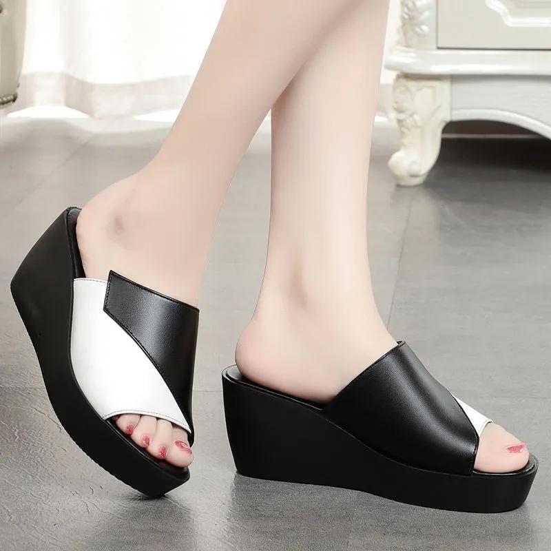 WTEMPO Soft Leather Summer Casual Slippers Women Large Size Patchwork All-match Wedge Heel Non-slip Slippers
