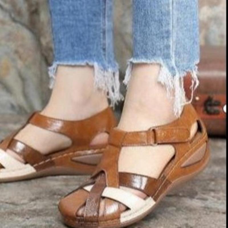 Women's shoes summer new retro round head wedge heel cross buckle women's sandals