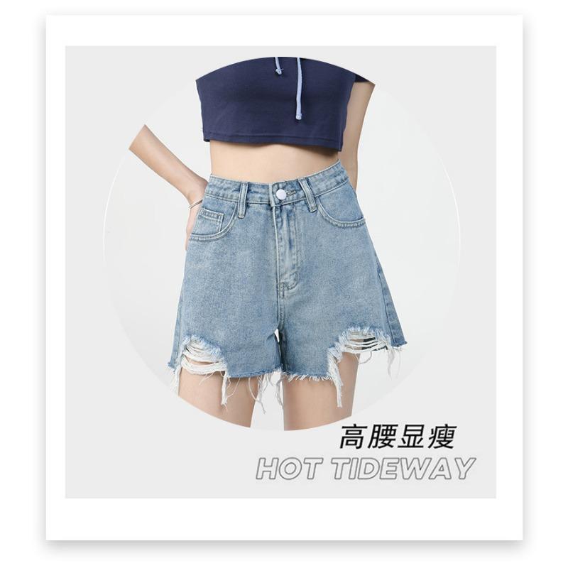 Pantaloncini di jeans casual strappati e versatili da donna alla moda a vita alta da celebrità di Internet con bordo grezzo gamba larga Hot Pants