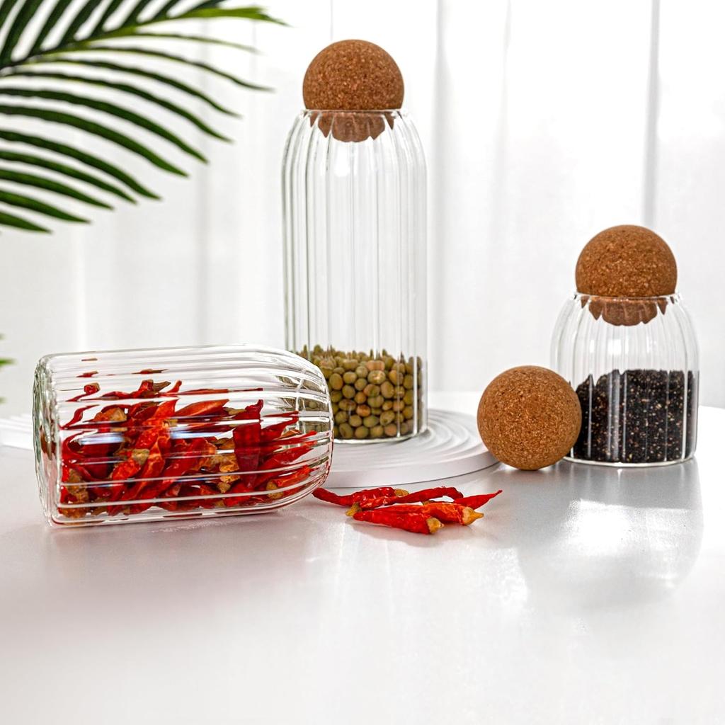 3-Piece Glass Jar Set with Cork Lids, Airtight Round Containers for Coffee Beans & Nuts, Wooden Seal Canisters