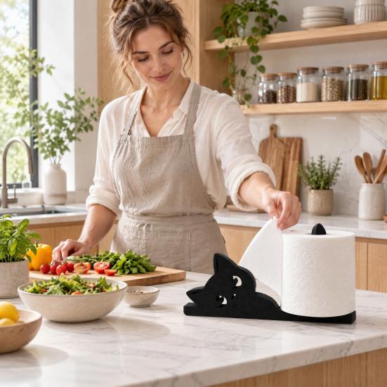 Cute Animal Tissue Holder Cat Shape Roll Paper Stand, Decorative Black Plastic Towel for Kitchen Holder, Stable Base Sturdy Dispenser Countertop Stand