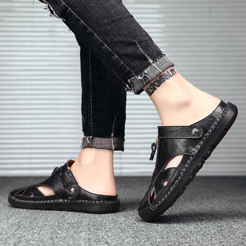 Men Outdoor Hiking Sandals Brown Leather Closed Toe Blue Beach Shoes Walking Handmade Sandals Plus Size