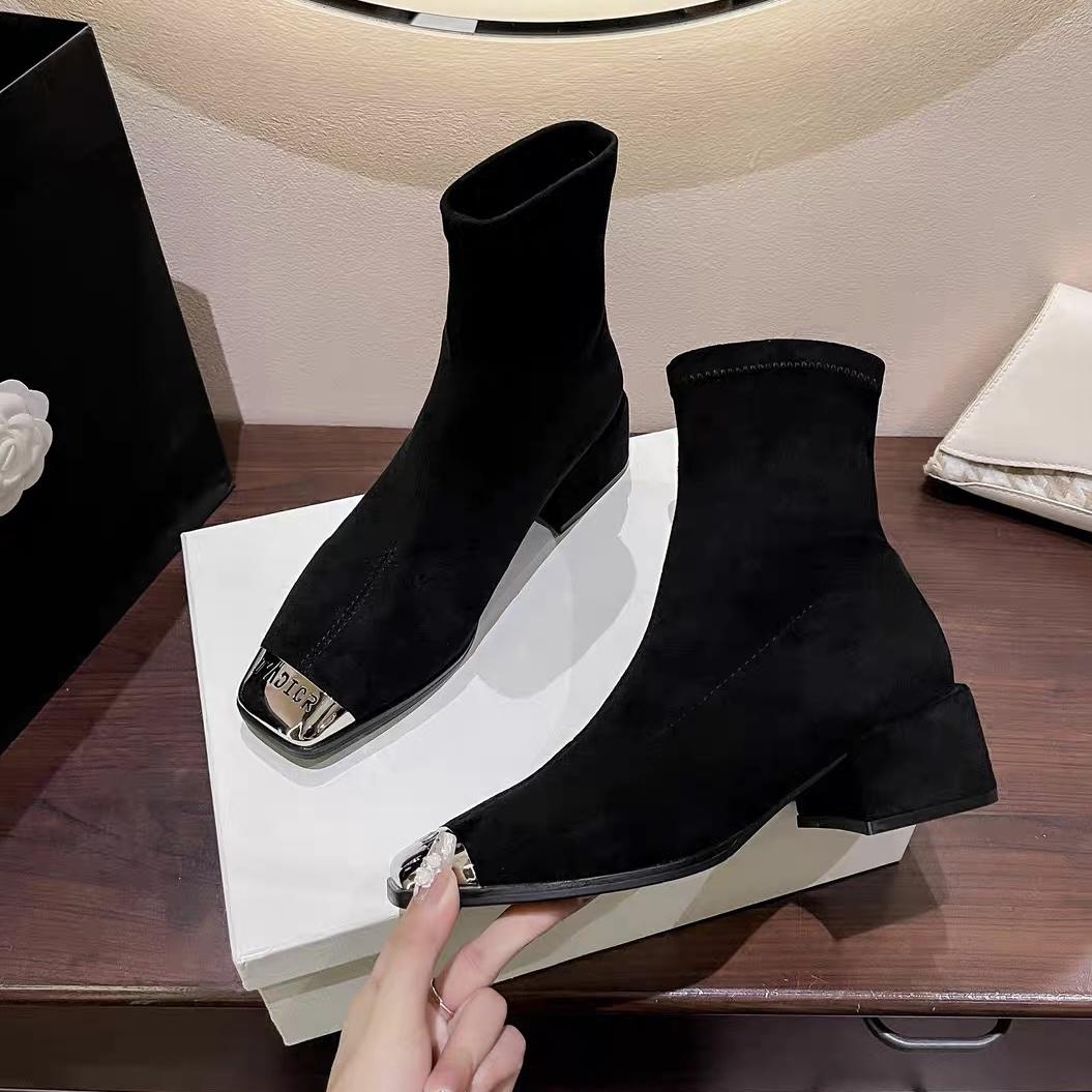 

Модные женские зимние ботильоны с квадратным носком, замшевые ботинки челси на среднем каблуке, толстая подошва, дизайнерская зимняя обувь 2024 года, модная ходьба 40 чёрный