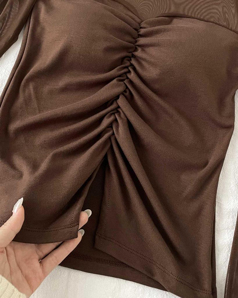 2026 Spring/Summer Women's Slim Mesh Layer Round Neck Long Sleeve Top