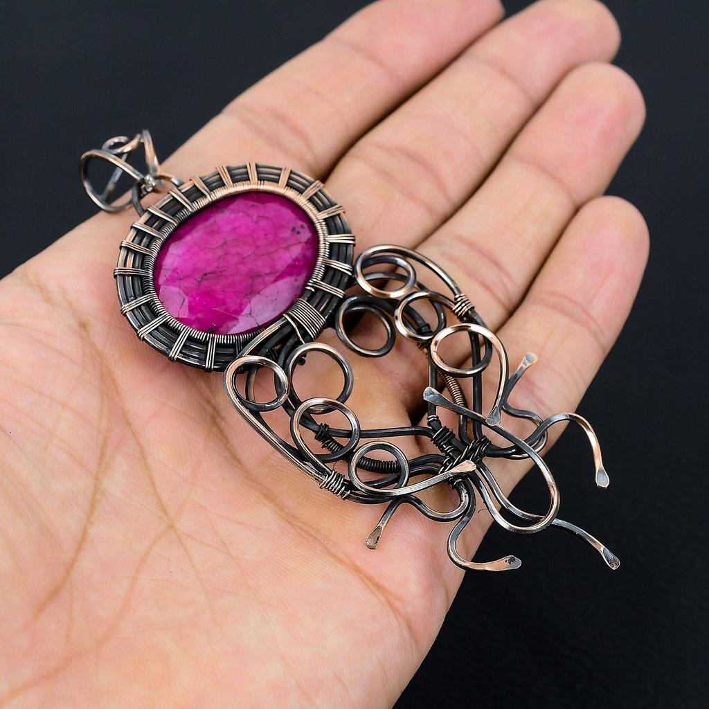 Lab-Created Ruby Gemstone Copper Wire Wrap Handmade Designer Pendant Jewelry Gift For Love
