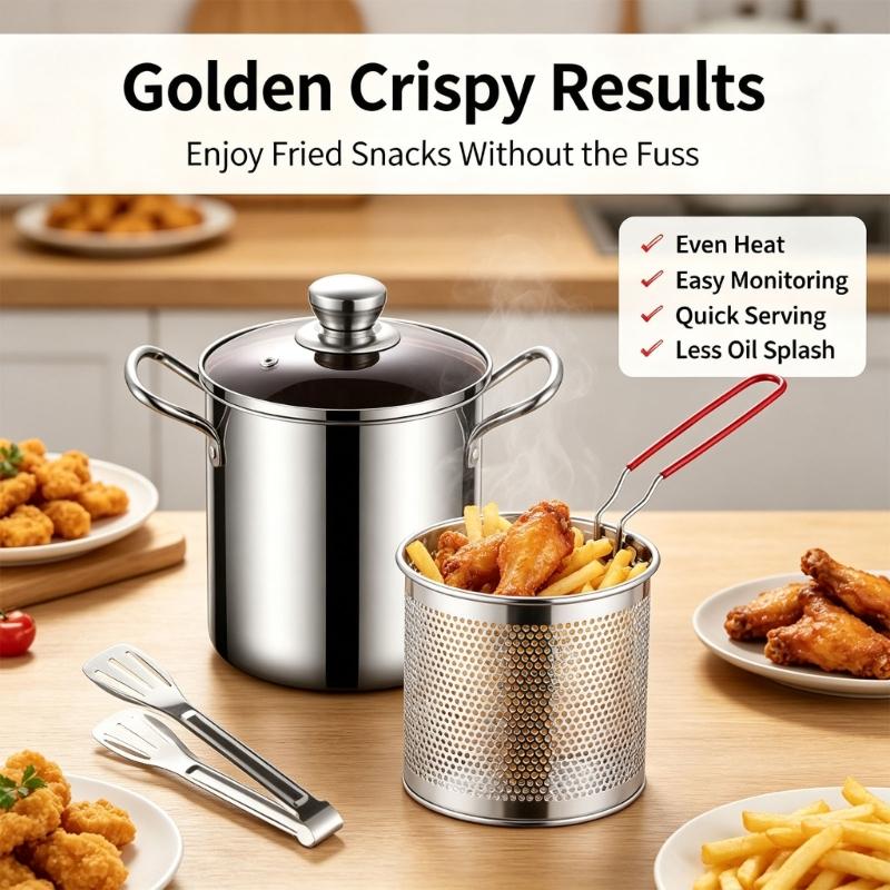Steel Frying Pot with Two Handholds, 3 L Capacity, and a Formed Body for Cooking Tempura, French Fries, Shrimp, and Meatballs during Household Cooking