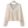 Summer Women's Ice Silk Cardigan Thin Long Sleeve Top Loose V-neck Hollow Out Knitted Sweater