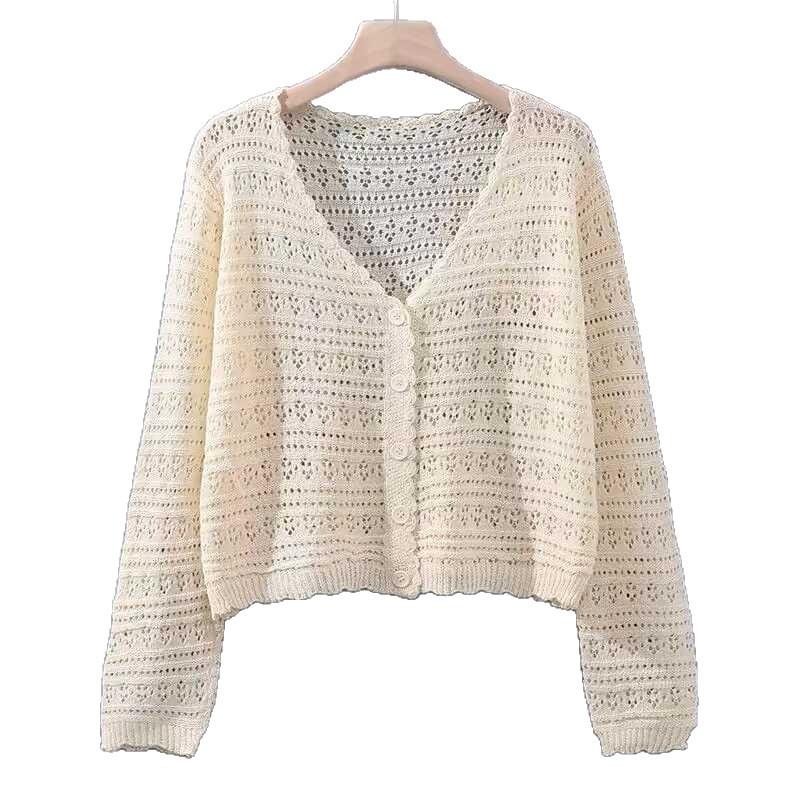 Summer Women's Ice Silk Cardigan Thin Long Sleeve Top Loose V-neck Hollow Out Knitted Sweater