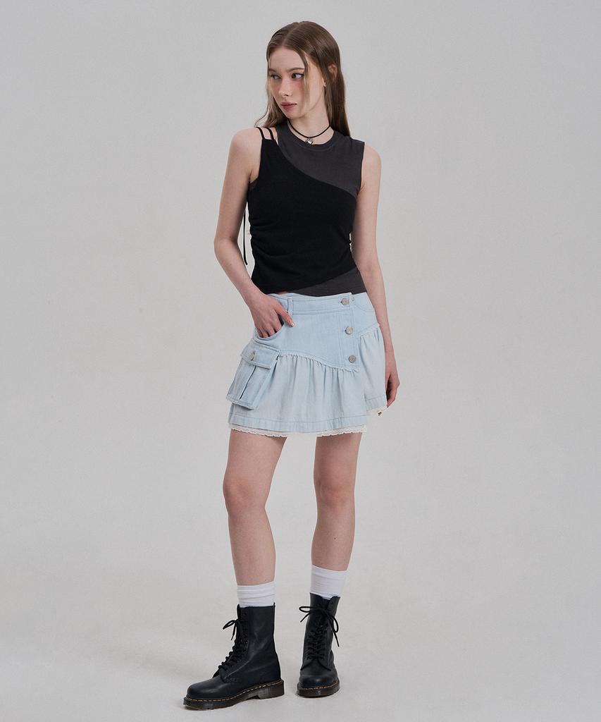 Jenyujeu Layered Frill Button Skirt - Light Blue