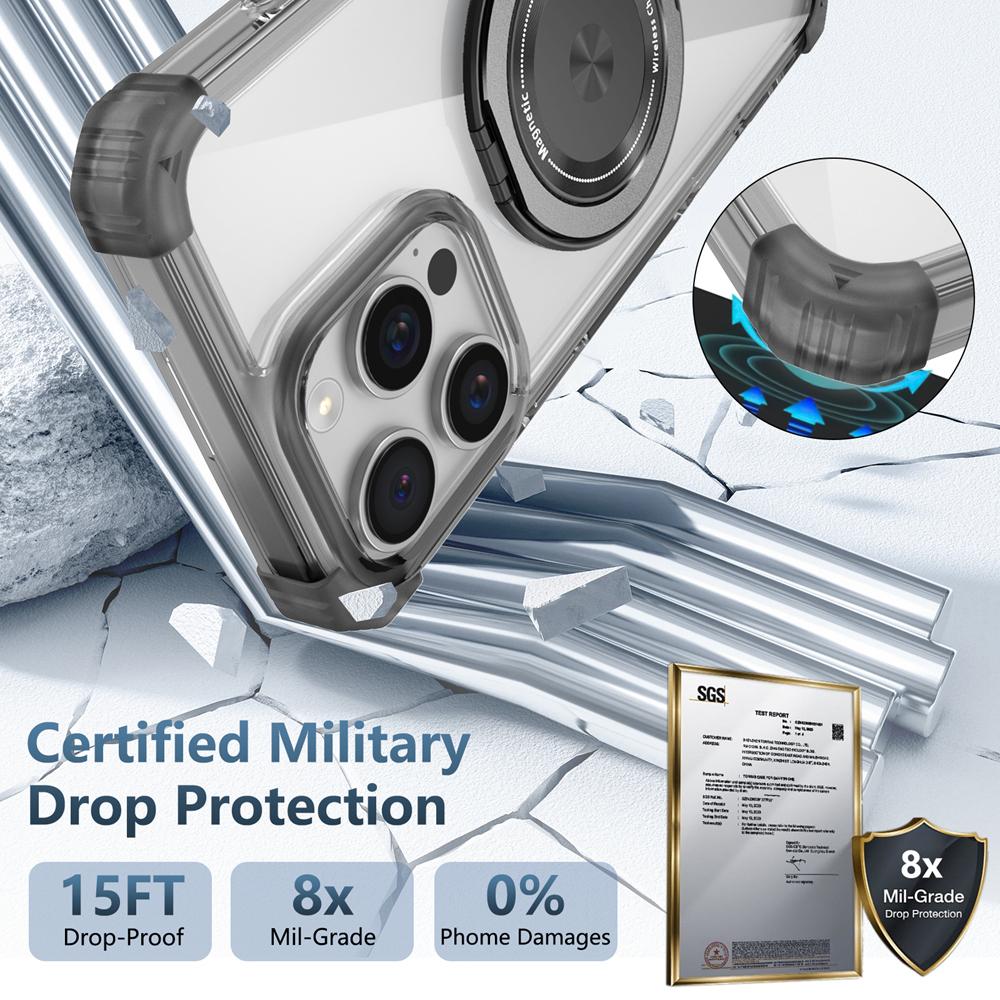 KEYSION HD Transparent Stoßfest Fall für MagSafe für iPhone 16 Pro Max 16 Plus 360 ° Drehbare Magnetische Ring Stand Telefon Abdeckung