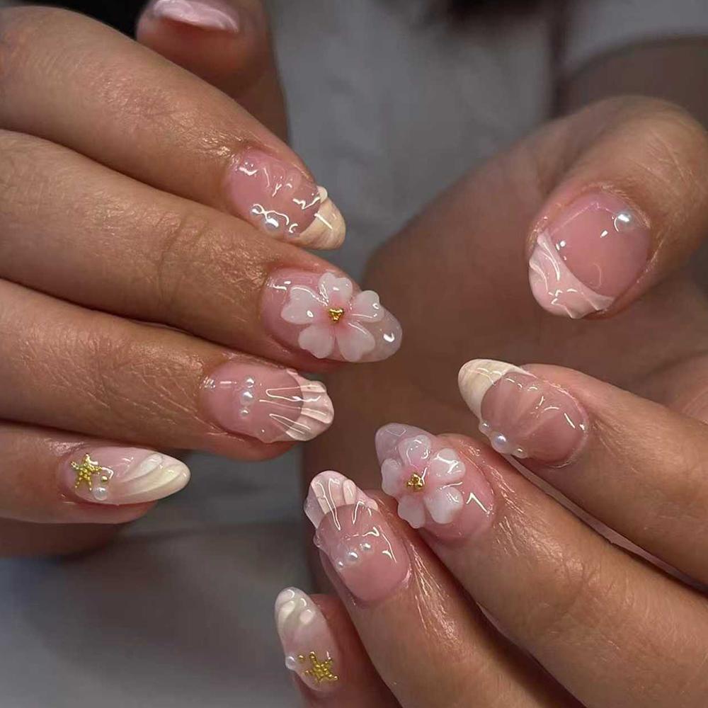 24pz Adesivi per Unghie in Gel 3D Ovali Corti, Crea Nail Art Fiore di Perla, Unghie Finte Acriliche French, Misura Corta Perfettamente Adatta Fal