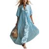Damen Kurzarm A-Linien Swing Kleid, V-Ausschnitt Plissiert Fließendes Langes Kleid, Sommer Lässig Strandurlaub Sommerkleid