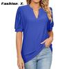 Europe and The United States 2024 Summer Casual V-neck Solid Color Hollow Bubble Sleeve Loose T-shirt Blouse Female