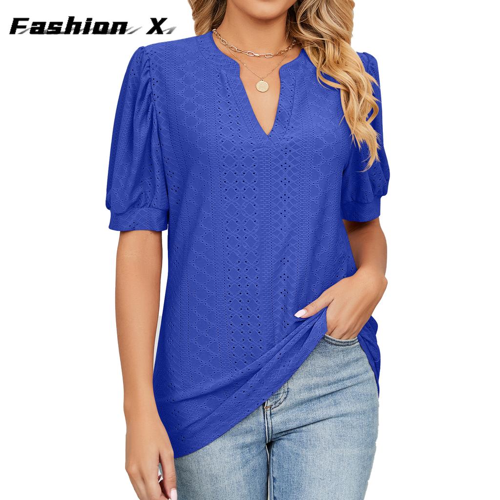 Europe and The United States 2024 Summer Casual V-neck Solid Color Hollow Bubble Sleeve Loose T-shirt Blouse Female