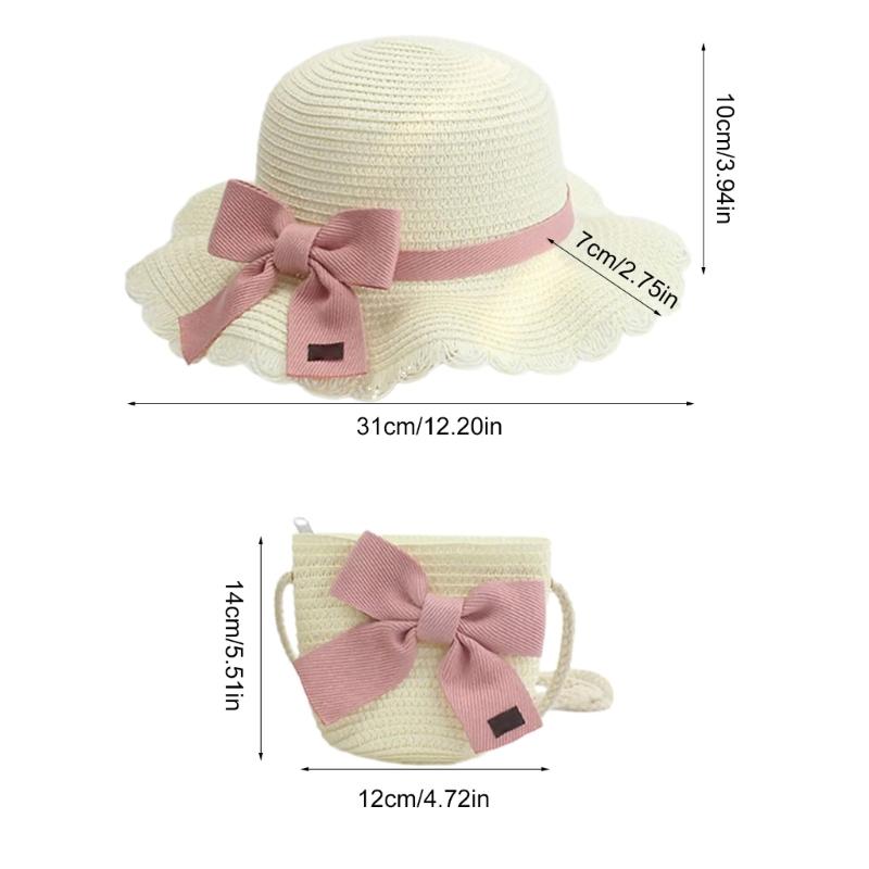 Strohhut & Schultertaschen-Set für Kinder Mädchen Breitkrempiger Sonnenhut Atmungsaktiver Strohhut Outdoor Strand Kopfbedeckung Schleifentasche