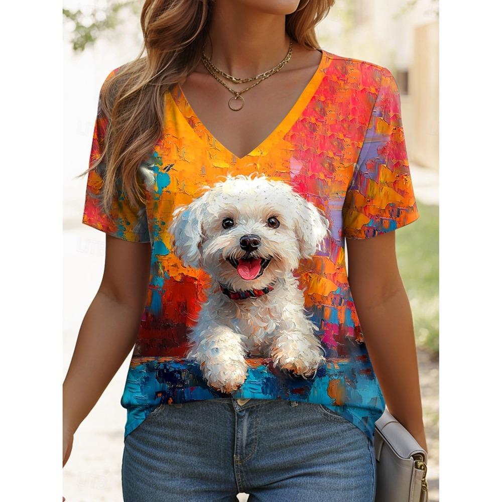 Women's T-Shirt Kawaii Animal Graphic Fashion Short Sleeved V-Neck Regular Tops Daily Print Tee Summer Spring Casual Tops