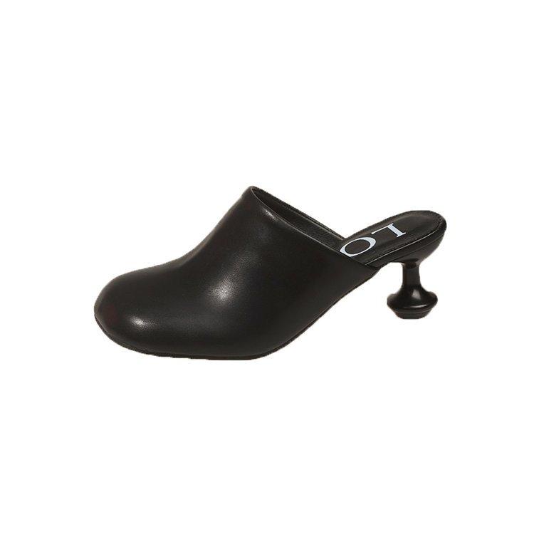 Europe, America 2025 summer and autumn shallow mouth round head middle heel temperament single shoes women wear fashion Muller half drag bag head sand