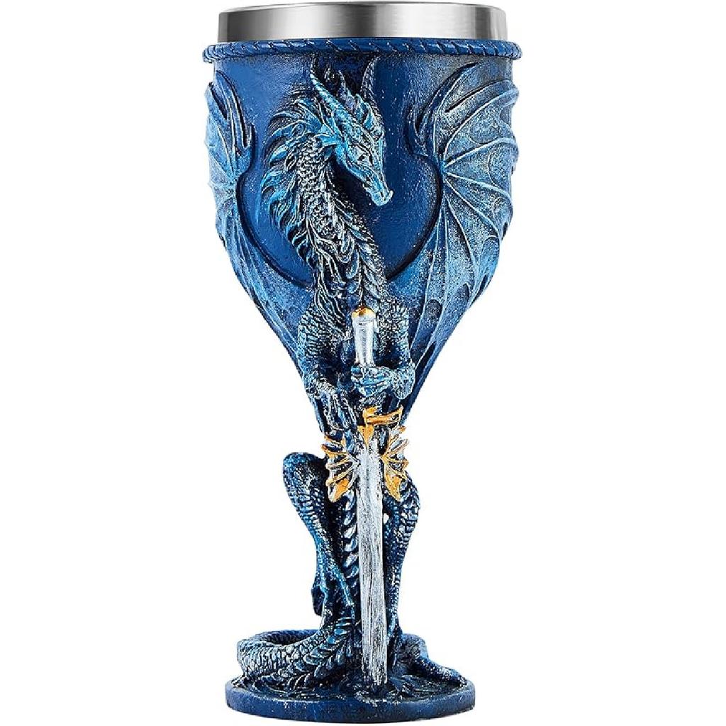 Blue Dragon Goblet Stainless Steel Dungeons and Dragons Gift Chalice Wine Goblet 7 Oz. (Blue Sword Dragon)