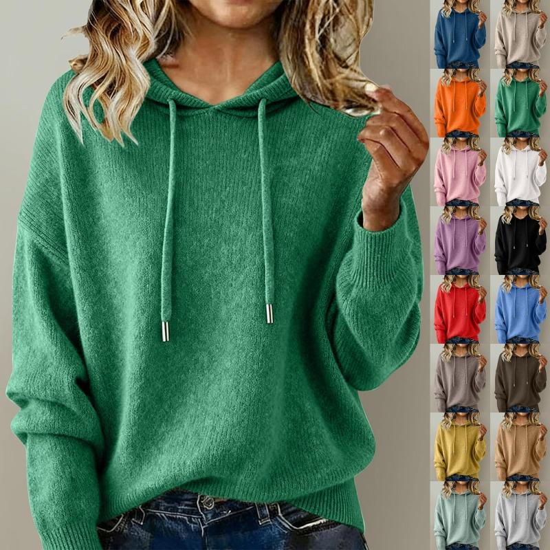 Women S Loose Fit Hooded Knit Pullover Sweater Long Sleeve Solid Color