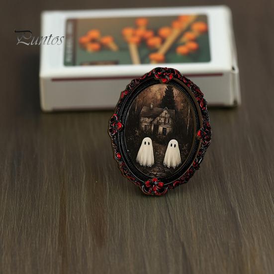 Dark Academia Home Accessories Halloween Wooden Refrigerator Magnet, Vintage Gothic Fridge Magnets, Oval Frame Decorative Metal Surface Magnets
