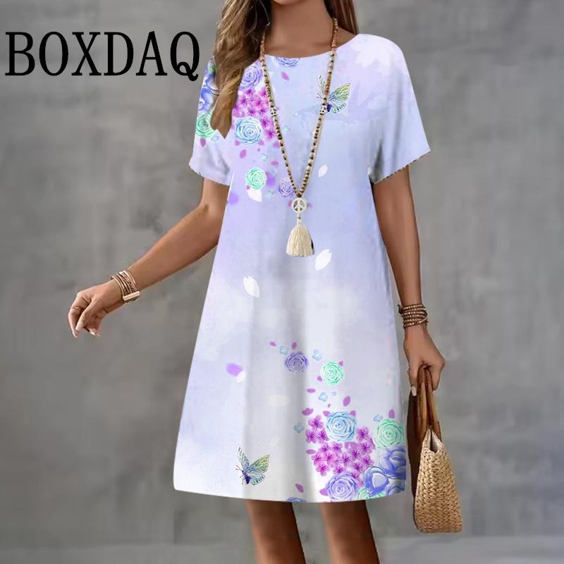 Güneşlik Kelebek Kadın Elbiseleri 3D Çiçek Baskılı Kadın Giyim Günlük A-Çizgisi Bol Kısa Kollu Elbise Yaz Şık Bayan Elbisesi