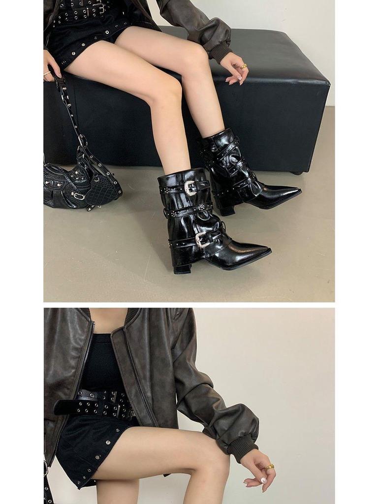 European & American Style Rhinestone Buckle Over-the-Knee High Heel Boots 2025 - Women's Autumn Pointed Toe Chunky Heel Ankle Boots.