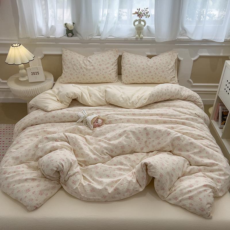 Ins wind bed four-piece spring small fresh quilt cover cartoon washed cotton bed sheet school dormitory bed three-piece set