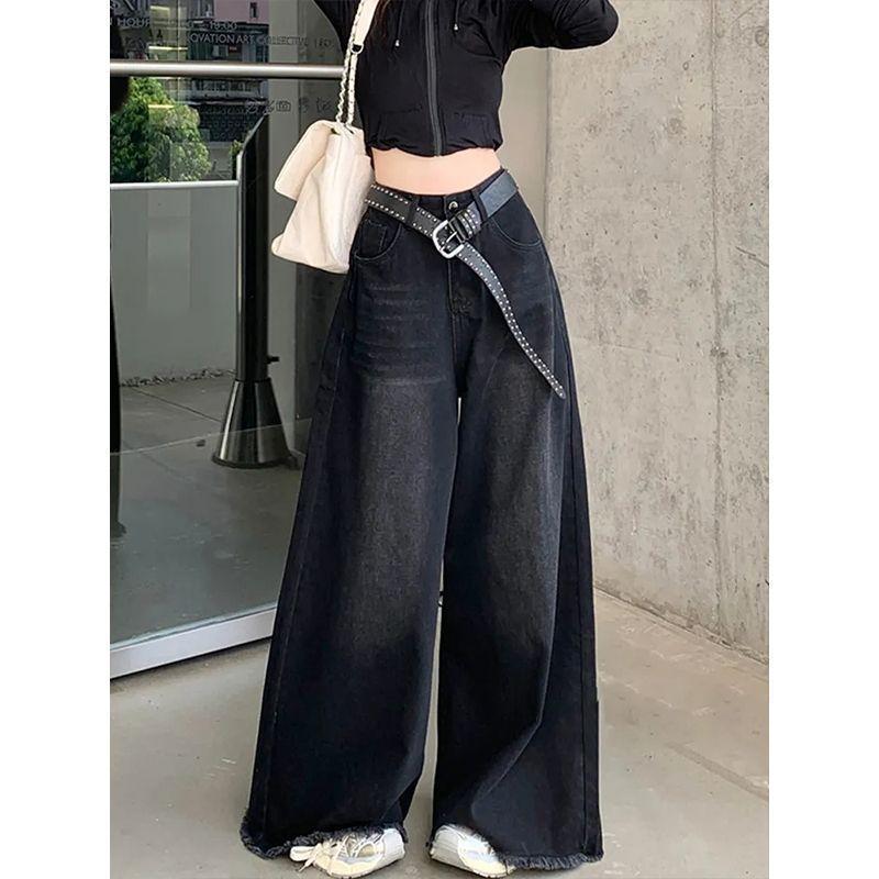 Women's High Waist Wide Leg Jeans Baggy Denim Pants Black Raw Hem Casual Loose