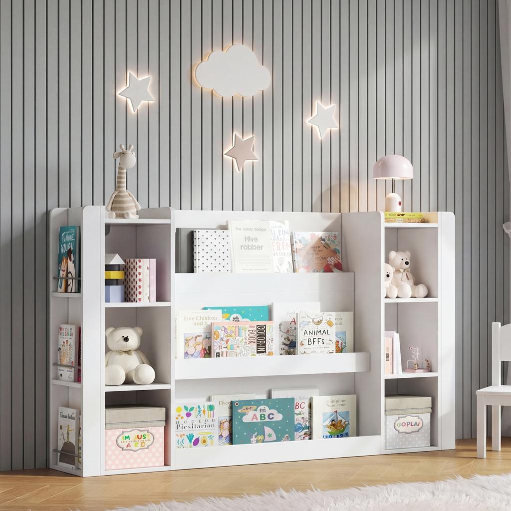 Children's shelf, picture book shelf with storage space, children's bookshelf, wooden furniture for children's room, white, 140 x 30 x 95 cm