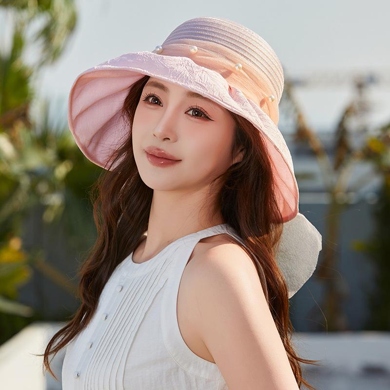 Sun hat women's summer new pearl mesh yarn streamer temperament bucket hat UV protection sun protection hat