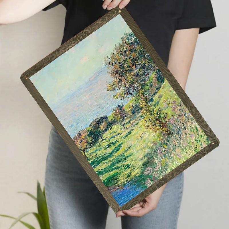 Monet Style Coastal Landscape Metal Wall Art European Oil Painting Texture Home Decor for Living Room 20x30cm（7.8x11.8inch）