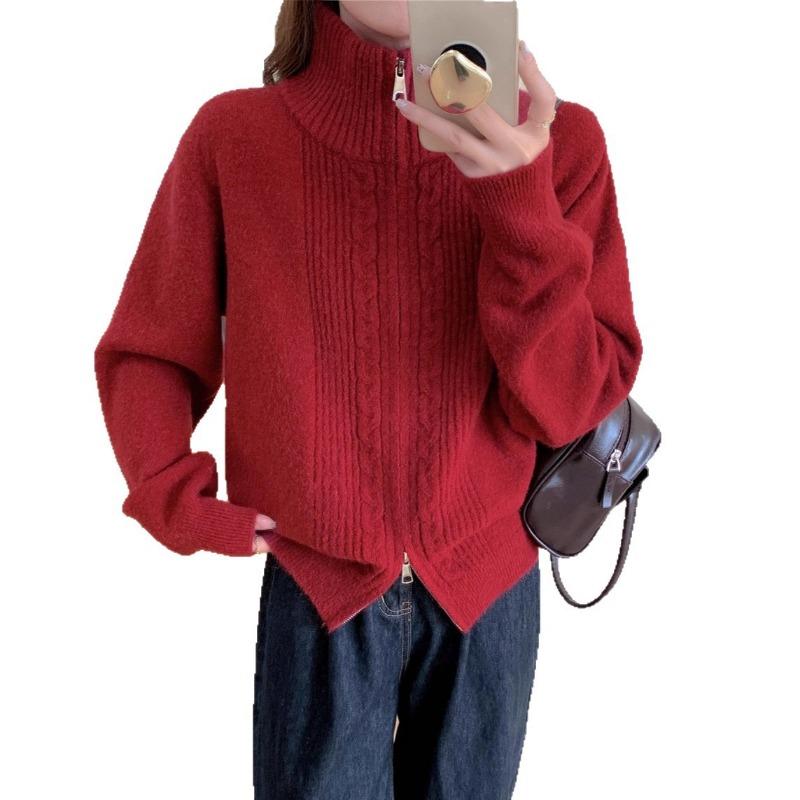 Autumn and winter new simple stand-up collar twist double zipper knitted cardigan women's loose lazy sweater jacket