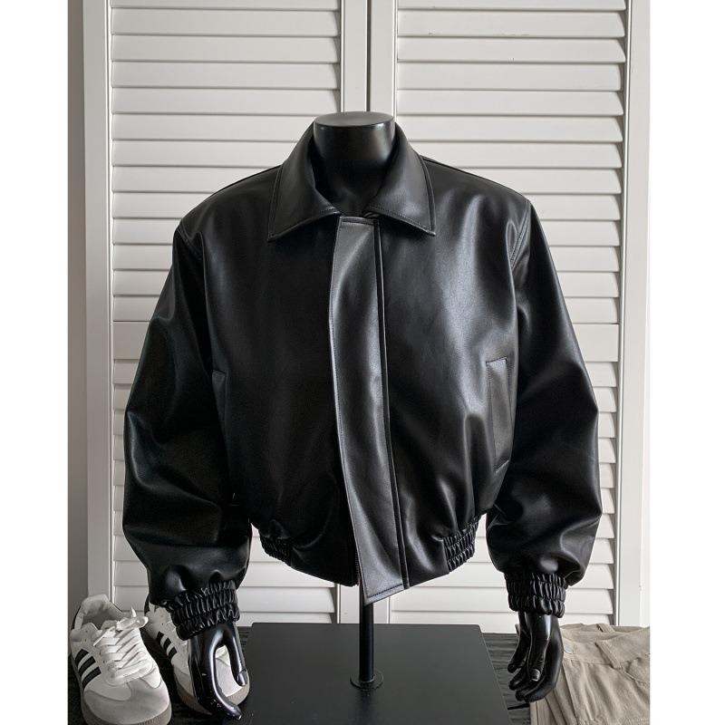 Autumn New Leather Jacket Fake Trendy Men Loose Short Shoulder Padded Jacket Retro Leather Jacket Men