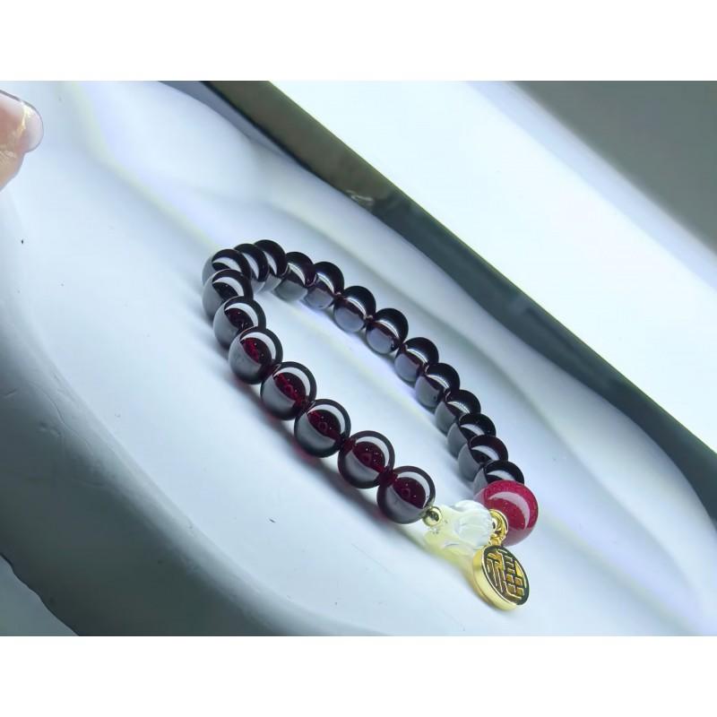 Handmade Natural Garnet 8mm Beaded Bracelet With Shell Flower Cinnabar Fortune Charm Boho Chic Womens Jewelry
