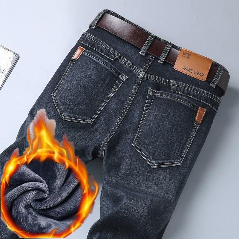 Men's Fleece-Lined Denim Trousers - Autumn/Winter Style Relaxed Straight-Leg Casual Slim-Fit Long Trousers for Men