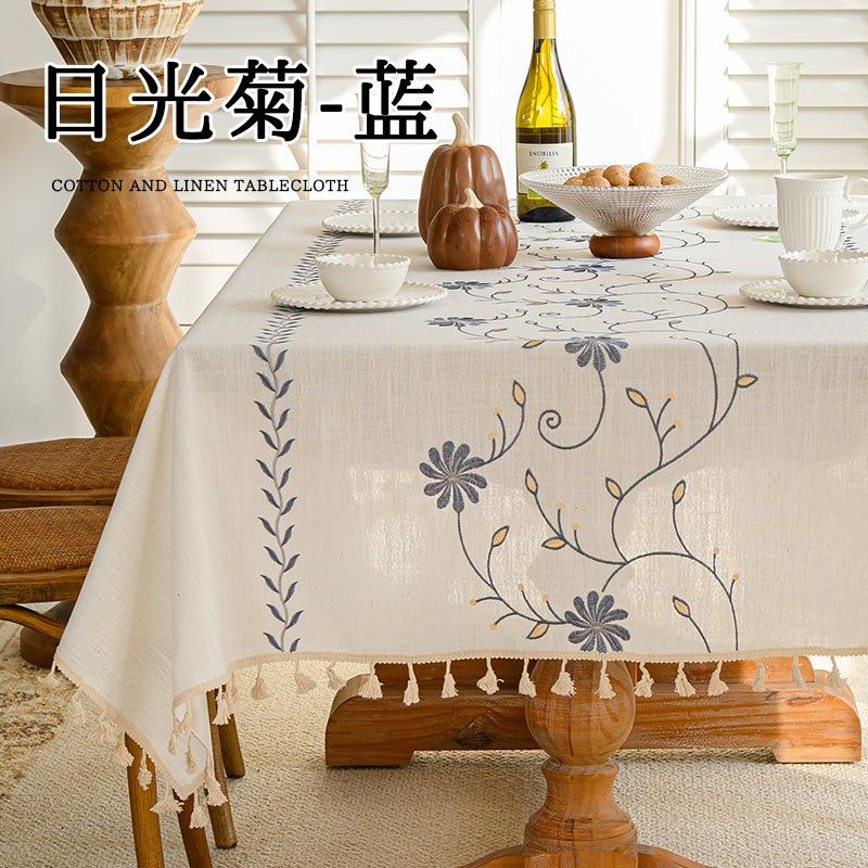 Cotton Linen Table Cloth Heavy Duty Embroidery Tablecloths Farmhouse Tablecloth Soft and Wrinkle Free Table Cover with Tassels