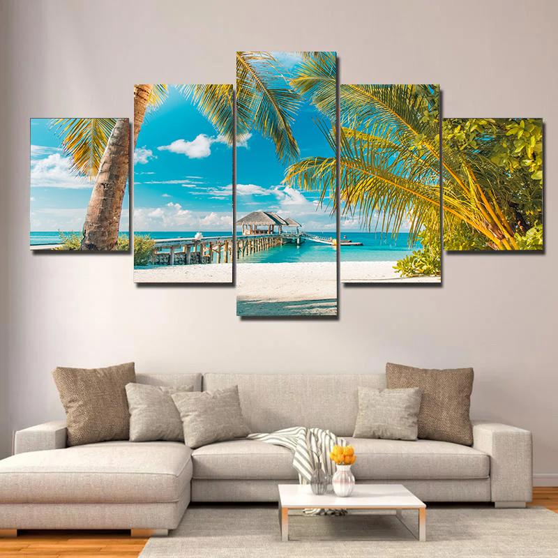 5 pieces Seaside Landscape Canvas Painting, Sunrise, Sunset, Coconut Trees and Ocean Waves, For Home Room Hotel Decor, No Frame