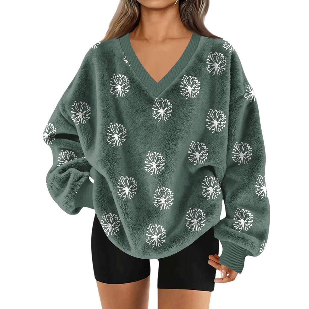 Women's V-Neck Sweatshirt Plush Solid Color Casual Fashion Long Sleeve With Pocketed Pullover Top