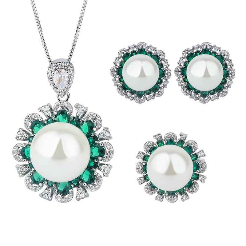 Jewelry Copper Bottom Gold-Plated Simulation Color Treasure Inlaid White Pearl Flower Set Women'S 16-14-12 Mm