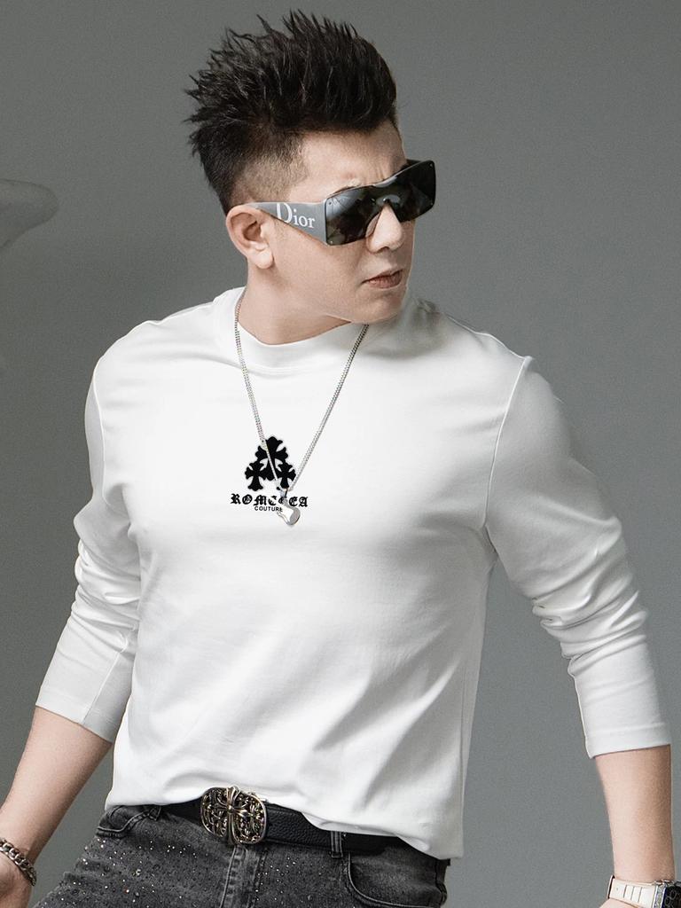 European-Style Round Neck Long-Sleeve T-Shirt for Men, 2025 Autumn New Fashion Brand Printed Tee, Men's Base Shirt, Casual Top