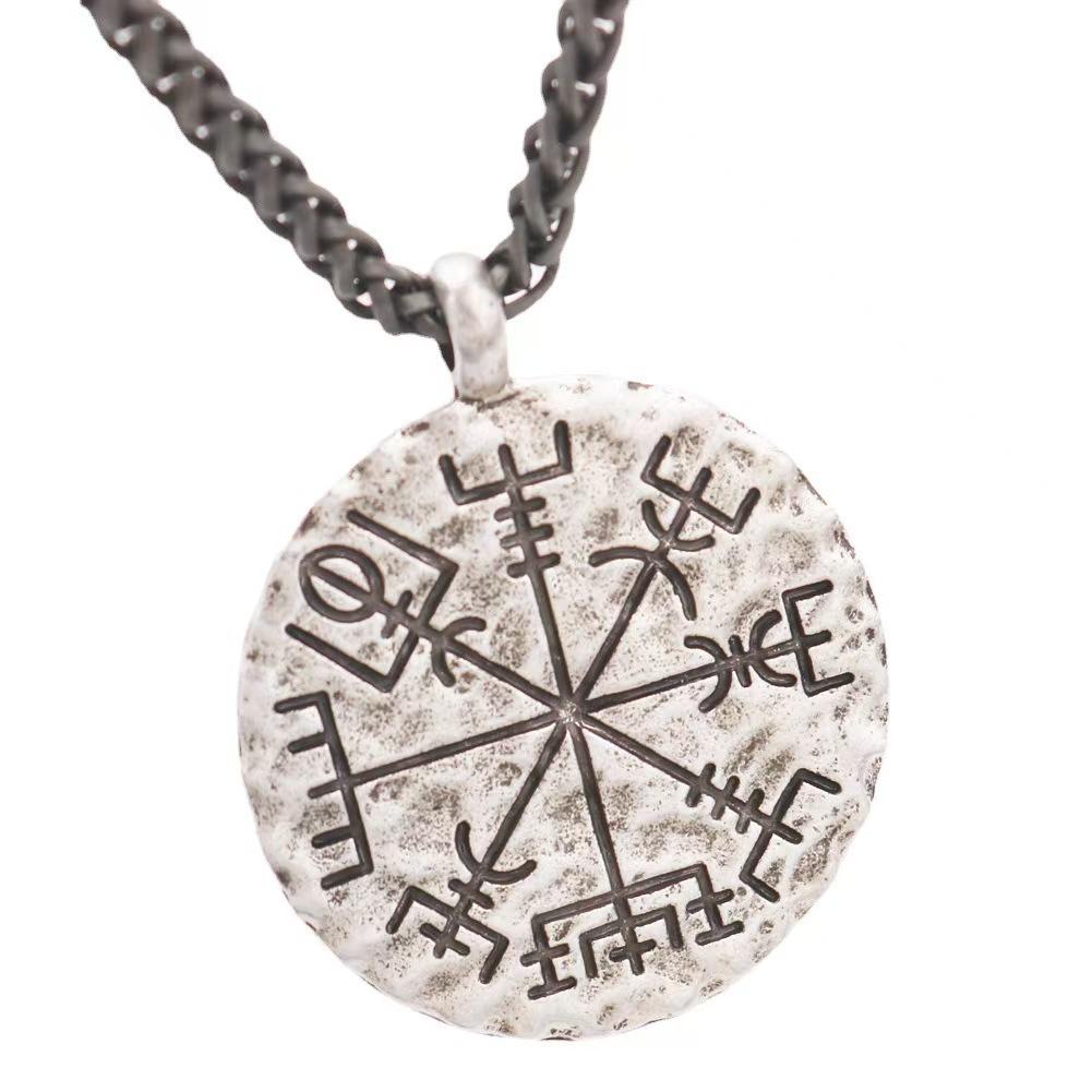 Male Retro Compass Rune Pendant Necklace Nordic Viking Trendy Cool Personality Neck Chain Totem Necklace