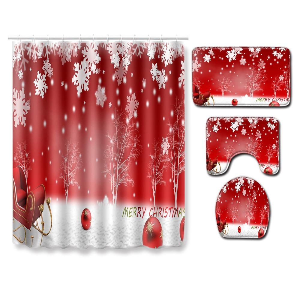 Christmas Shower Curtain Floor Mat Combination Four-Piece Set Bathroom Toilet Carpet Shower Room Mat Foot Mat