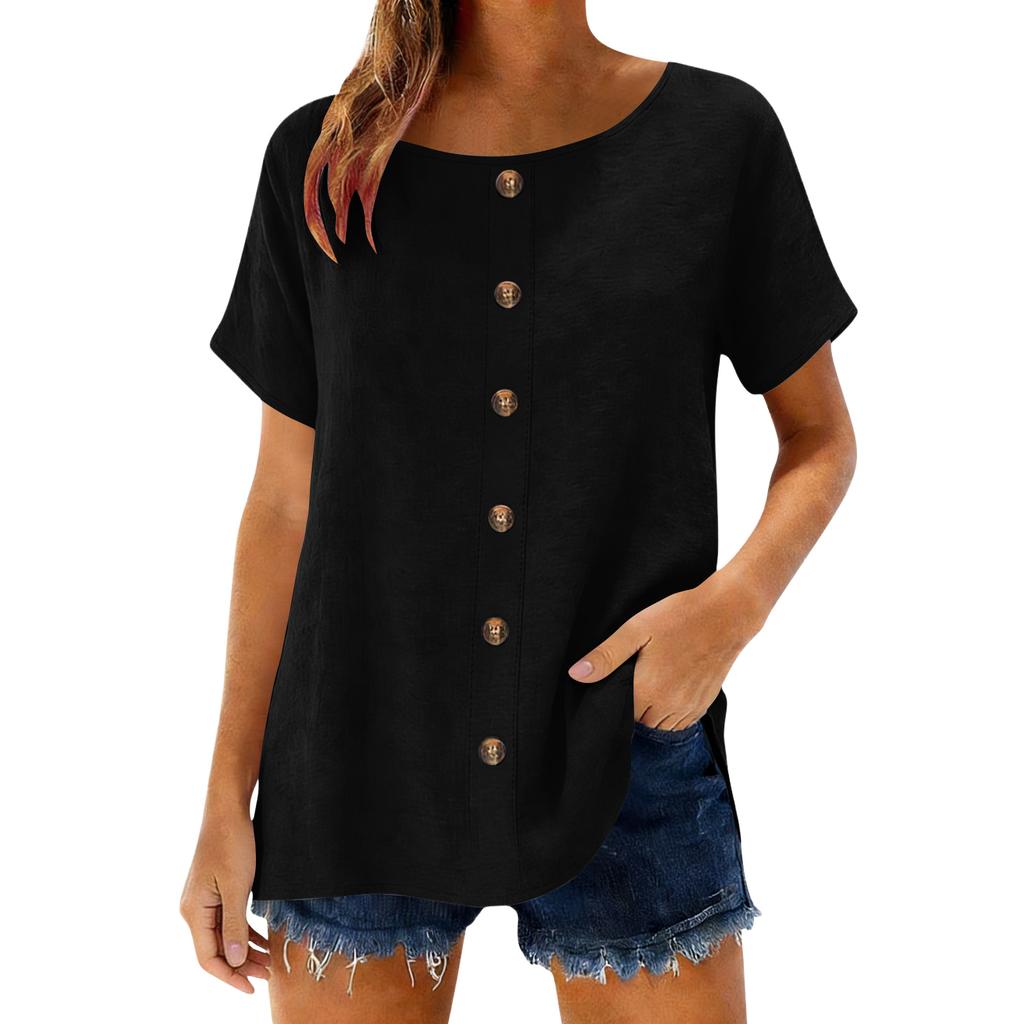 Top Camiseta Feminina Fashionável de Manga Curta com Gola Redonda e Decoração de Botões -Cor Única