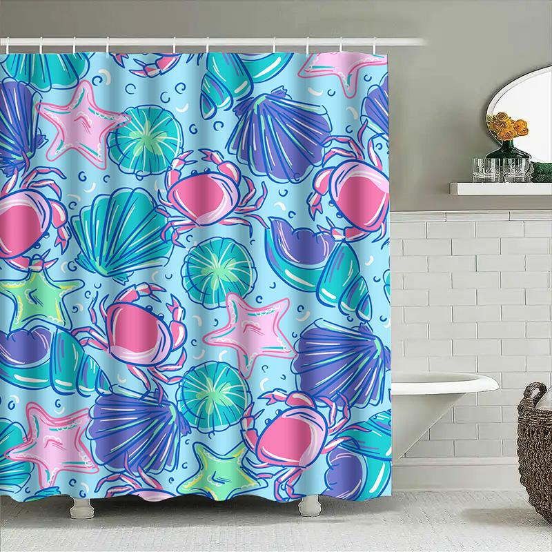 Vibrant Underwater World Shower Curtain Set Sea Shell Crab Starfish Design For Bathroom Decor